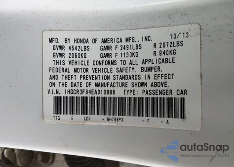 2014 Honda Accord Ex-L V-6 from USA, damaged, VIN 1HGCR3F84EA010986